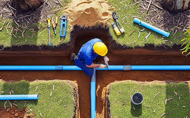 Plumber Connecting Blue Pipe